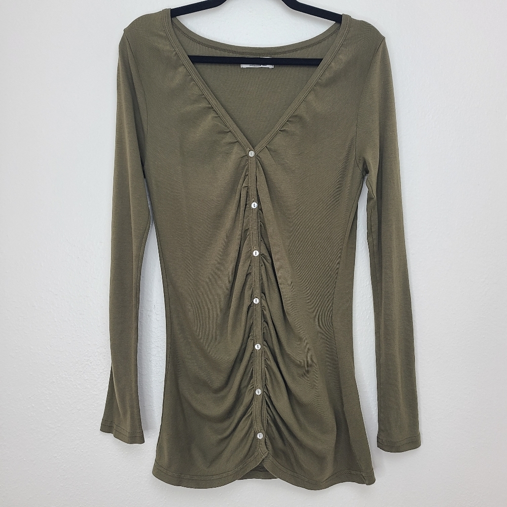 Michael Stars Original Tee Top Long Sleeve Button-Down Olive Green Size One Size